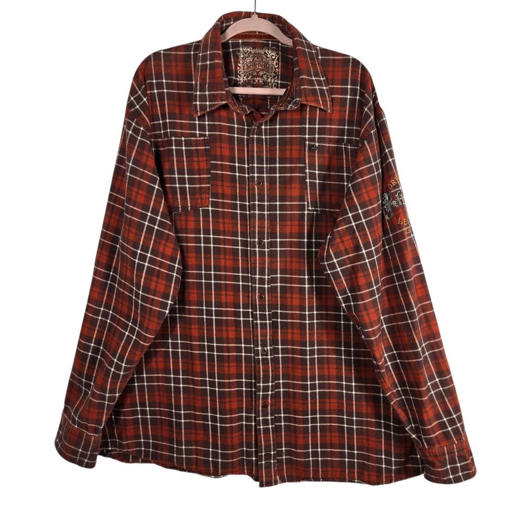 Pelle‎ Pelle Shirt Mens 4XL Red Brown Plaid Flannel Button Up Embroidered Y2K